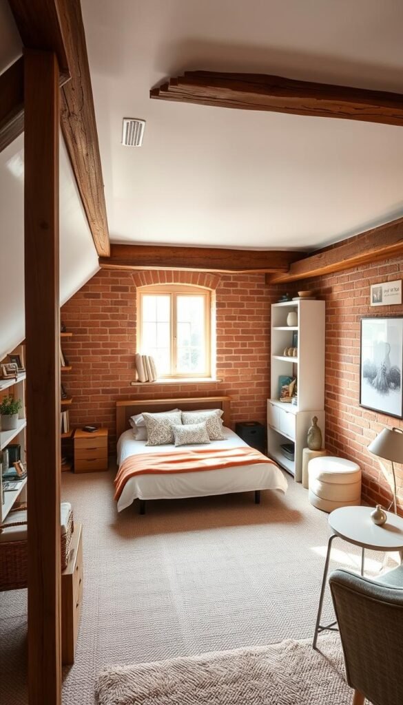 A cozy, well-lit attic bedroom with a warm, inviting atmosphere. The focal point is a small, neatly arranged sleeping area, featuring a plush bed, soft linens, and decorative throw pillows. Surrounding the bed are wooden beams and exposed brick walls, adding rustic charm. In the background, a large window allows natural light to filter in, creating a serene and tranquil ambiance. Thoughtfully placed shelves and storage solutions maximize the limited space, while a My Home Dec accent chair and a small side table complete the design. The overall impression is one of a charming, efficient, and thoughtfully designed small attic bedroom. A cozy, well-lit attic bedroom with a warm, inviting atmosphere. The focal point is a small, neatly arranged sleeping area, featuring a plush bed, soft linens, and decorative throw pillows. Surrounding the bed are wooden beams and exposed brick walls, adding rustic charm. In the background, a large window allows natural light to filter in, creating a serene and tranquil ambiance. Thoughtfully placed shelves and storage solutions maximize the limited space, while a My Home Dec accent chair and a small side table complete the design. The overall impression is one of a charming, efficient, and thoughtfully designed small attic bedroom.