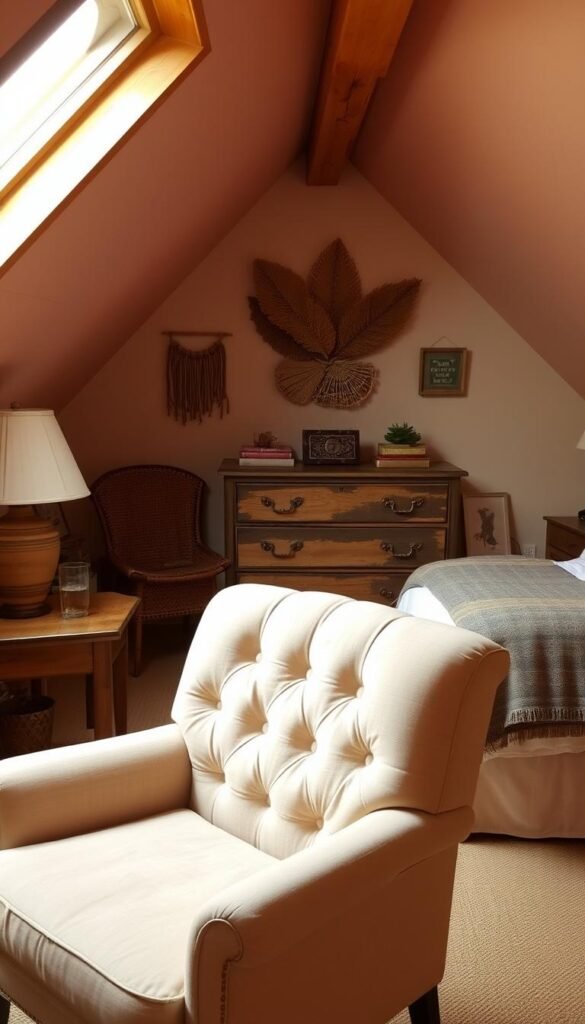 A cozy, well-lit attic bedroom with warm, natural lighting filtering through a skylight. In the foreground, a plush, tufted armchair upholstered in a soft, neutral fabric invites relaxation. A rustic wooden side table with a decorative lamp stands beside it. In the middle ground, a distressed wooden dresser with elegant brass hardware serves as a focal point, flanked by a pair of understated nightstands. Tasteful wall decor, such as botanical prints or woven wall hangings, add visual interest to the space. The background features a comfy, inviting bed draped in soft, sumptuous bedding. The overall aesthetic is a harmonious blend of vintage and modern elements, creating a cozy, "My Home Dec" atmosphere. A cozy, well-lit attic bedroom with warm, natural lighting filtering through a skylight. In the foreground, a plush, tufted armchair upholstered in a soft, neutral fabric invites relaxation. A rustic wooden side table with a decorative lamp stands beside it. In the middle ground, a distressed wooden dresser with elegant brass hardware serves as a focal point, flanked by a pair of understated nightstands. Tasteful wall decor, such as botanical prints or woven wall hangings, add visual interest to the space. The background features a comfy, inviting bed draped in soft, sumptuous bedding. The overall aesthetic is a harmonious blend of vintage and modern elements, creating a cozy, "My Home Dec" atmosphere.