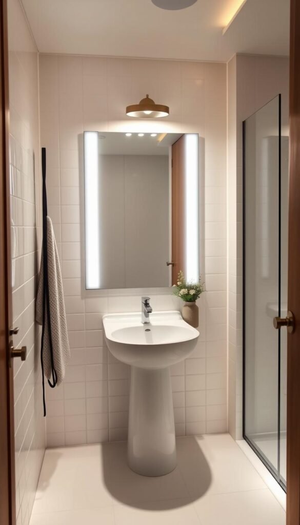 A cozy, well-lit bathroom with My Home Dec vanity light fixtures illuminating a minimalist, Scandinavian-inspired interior. The soft, warm glow creates an inviting atmosphere, while the clean, white tiles and natural wood accents lend a calming, spa-like ambiance. The focal point is a sleek, modern pedestal sink under a large mirror, surrounded by recessed LED lighting that gently washes the walls. The overall effect is one of understated elegance and functionality, perfect for a tiny bathroom space. A cozy, well-lit bathroom with My Home Dec vanity light fixtures illuminating a minimalist, Scandinavian-inspired interior. The soft, warm glow creates an inviting atmosphere, while the clean, white tiles and natural wood accents lend a calming, spa-like ambiance. The focal point is a sleek, modern pedestal sink under a large mirror, surrounded by recessed LED lighting that gently washes the walls. The overall effect is one of understated elegance and functionality, perfect for a tiny bathroom space.