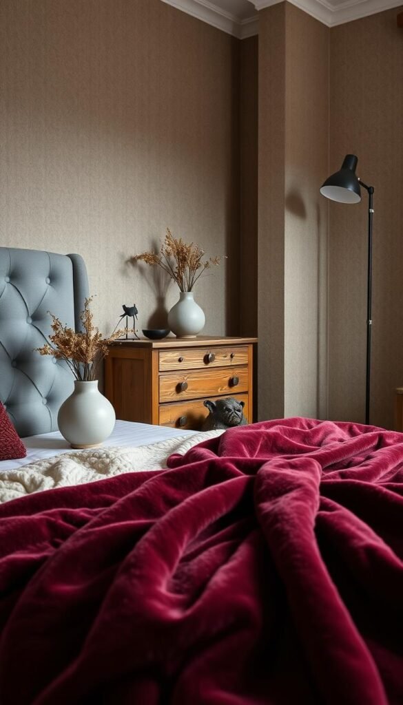 A cozy, well-lit bedroom with a variety of intriguing textures. In the foreground, a plush, velvet throw blanket in a rich burgundy hue cascades over a tufted gray headboard. On the nightstand, a ceramic vase holds a bouquet of dried flowers, their delicate petals creating visual interest. The middle ground features a rustic wooden dresser, its natural grain and weathered finish complementing the soft textiles. In the background, the walls are adorned with a subtle, earthy-toned wallpaper, its subtle pattern adding depth and warmth to the space. Subtle lighting from a sleek floor lamp casts a gentle glow, evoking a serene, inviting atmosphere. My Home Dec - a cozy, textured bedroom design. A cozy, well-lit bedroom with a variety of intriguing textures. In the foreground, a plush, velvet throw blanket in a rich burgundy hue cascades over a tufted gray headboard. On the nightstand, a ceramic vase holds a bouquet of dried flowers, their delicate petals creating visual interest. The middle ground features a rustic wooden dresser, its natural grain and weathered finish complementing the soft textiles. In the background, the walls are adorned with a subtle, earthy-toned wallpaper, its subtle pattern adding depth and warmth to the space. Subtle lighting from a sleek floor lamp casts a gentle glow, evoking a serene, inviting atmosphere. My Home Dec - a cozy, textured bedroom design.