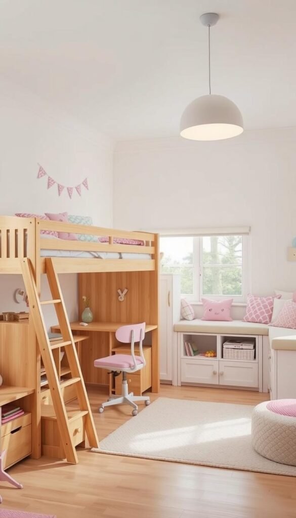 A cozy, well-lit girl's bedroom with multi-functional furniture from the "My Home Dec" collection. In the foreground, a wooden loft bed with built-in drawers and a cute ladder. Underneath, an L-shaped desk with shelves and a swivel chair. In the middle ground, a compact storage cabinet with doors and cubbies, perfect for organizing toys and books. Along the back wall, a window seat with plush cushions and hidden storage compartments. The color scheme is soft pastels with pops of playful accents. Diffused lighting from a large window and a minimalist pendant lamp create a warm, inviting atmosphere. A cozy, well-lit girl's bedroom with multi-functional furniture from the "My Home Dec" collection. In the foreground, a wooden loft bed with built-in drawers and a cute ladder. Underneath, an L-shaped desk with shelves and a swivel chair. In the middle ground, a compact storage cabinet with doors and cubbies, perfect for organizing toys and books. Along the back wall, a window seat with plush cushions and hidden storage compartments. The color scheme is soft pastels with pops of playful accents. Diffused lighting from a large window and a minimalist pendant lamp create a warm, inviting atmosphere.