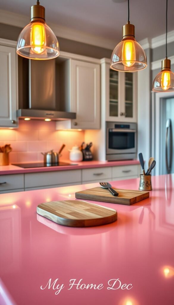 A cozy, well-lit kitchen with sleek, glossy pink countertops that exude a feminine charm. The countertops are made of a durable, high-quality material that reflects the warm glow of the pendant lights overhead. In the foreground, a cutting board and a few kitchen utensils sit neatly on the surface, while in the background, the cabinets and backsplash complement the pink hue with a neutral, complementary color palette. The scene conveys a sense of balance between form and function, creating a harmonious and inviting cooking space. The image is captured with a wide-angle lens, showcasing the entire kitchen layout. This is a "My Home Dec" design. A cozy, well-lit kitchen with sleek, glossy pink countertops that exude a feminine charm. The countertops are made of a durable, high-quality material that reflects the warm glow of the pendant lights overhead. In the foreground, a cutting board and a few kitchen utensils sit neatly on the surface, while in the background, the cabinets and backsplash complement the pink hue with a neutral, complementary color palette. The scene conveys a sense of balance between form and function, creating a harmonious and inviting cooking space. The image is captured with a wide-angle lens, showcasing the entire kitchen layout. This is a "My Home Dec" design.