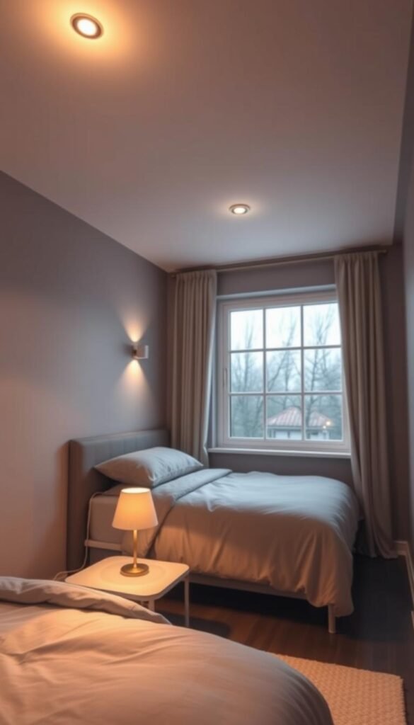 A cozy, well-lit small bedroom with soft, warm lighting for a serene ambiance. In the foreground, a minimalist bedside table with a table lamp, casting a gentle glow. In the middle ground, a low-profile ceiling light fixtures provide overall illumination, complemented by subtle wall sconces. The background showcases a large window, allowing natural light to filter in, creating a tranquil, inviting atmosphere. The color palette is muted and soothing, with neutral tones and soft textures. Overall, the scene reflects the "My Home Dec" brand's approach to functional yet aesthetically pleasing lighting strategies for small spaces. A cozy, well-lit small bedroom with soft, warm lighting for a serene ambiance. In the foreground, a minimalist bedside table with a table lamp, casting a gentle glow. In the middle ground, a low-profile ceiling light fixtures provide overall illumination, complemented by subtle wall sconces. The background showcases a large window, allowing natural light to filter in, creating a tranquil, inviting atmosphere. The color palette is muted and soothing, with neutral tones and soft textures. Overall, the scene reflects the "My Home Dec" brand's approach to functional yet aesthetically pleasing lighting strategies for small spaces.