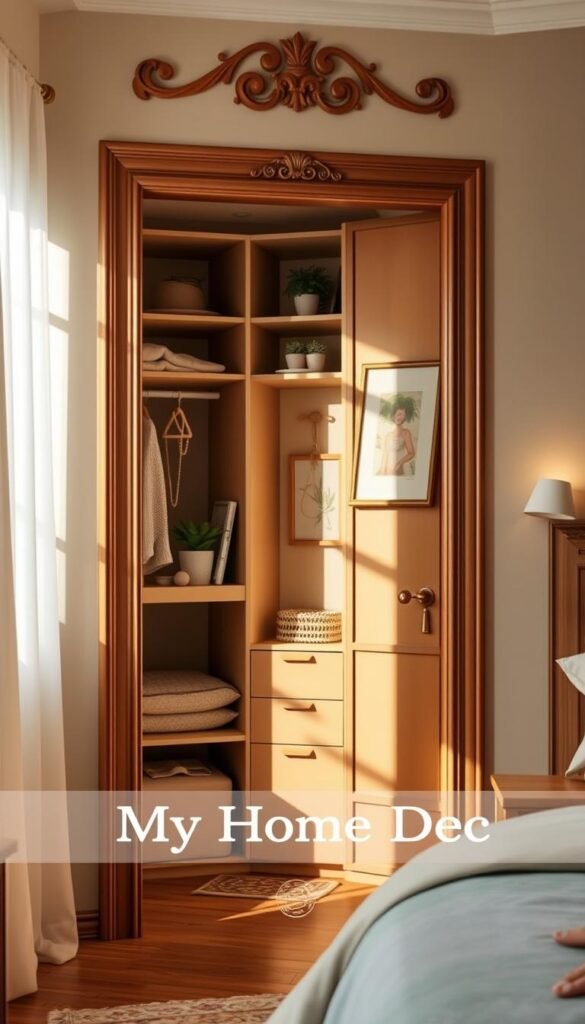 A cozy, well-organized door storage system with various compartments and shelves, set against a backdrop of a warm, inviting bedroom. The wooden door frame is adorned with intricate carvings, casting soft shadows across the storage units. Carefully curated decorative items, such as potted plants and framed artwork, add a touch of personalization. The lighting is a harmonious blend of natural daylight filtering through the window and subtle, warm-toned lamps, creating a serene and inviting atmosphere. The "My Home Dec" brand name is subtly integrated into the design, complementing the overall aesthetic. A cozy, well-organized door storage system with various compartments and shelves, set against a backdrop of a warm, inviting bedroom. The wooden door frame is adorned with intricate carvings, casting soft shadows across the storage units. Carefully curated decorative items, such as potted plants and framed artwork, add a touch of personalization. The lighting is a harmonious blend of natural daylight filtering through the window and subtle, warm-toned lamps, creating a serene and inviting atmosphere. The "My Home Dec" brand name is subtly integrated into the design, complementing the overall aesthetic.