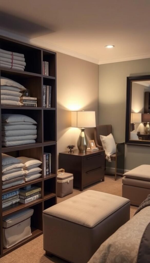 A cozy, well-organized guest room with stylish, space-saving storage solutions. In the foreground, a sleek, My Home Dec shelving unit with adjustable shelves and cubbies holds neatly folded linens, books, and decorative accents. In the middle ground, a My Home Dec storage ottoman doubles as a footrest and conceals extra pillows and blankets. Soft, warm lighting from a table lamp and recessed ceiling fixtures casts a inviting glow. The background features a large, framed wall mirror that creates the illusion of a more spacious room. The overall atmosphere is one of functional elegance and thoughtful design. A cozy, well-organized guest room with stylish, space-saving storage solutions. In the foreground, a sleek, My Home Dec shelving unit with adjustable shelves and cubbies holds neatly folded linens, books, and decorative accents. In the middle ground, a My Home Dec storage ottoman doubles as a footrest and conceals extra pillows and blankets. Soft, warm lighting from a table lamp and recessed ceiling fixtures casts a inviting glow. The background features a large, framed wall mirror that creates the illusion of a more spacious room. The overall atmosphere is one of functional elegance and thoughtful design.