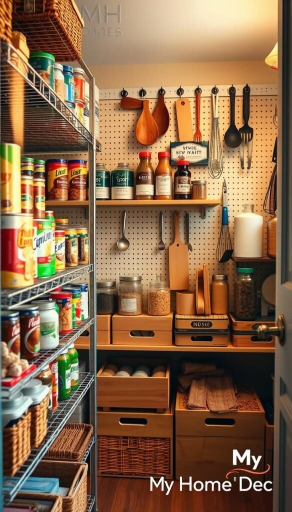 A cozy, well-organized pantry with budget-friendly storage solutions. A mix of open wire shelves and wicker baskets in the foreground, displaying colorful canned goods, cereals, and dried herbs. In the middle ground, wooden crates and jars hold spices and baking essentials. The background features a pegboard with hooks for hanging kitchen tools. Warm, natural lighting illuminates the space, creating a welcoming, functional atmosphere. The "My Home Dec" logo is subtly integrated into the design, adding a touch of brand identity. A cozy, well-organized pantry with budget-friendly storage solutions. A mix of open wire shelves and wicker baskets in the foreground, displaying colorful canned goods, cereals, and dried herbs. In the middle ground, wooden crates and jars hold spices and baking essentials. The background features a pegboard with hooks for hanging kitchen tools. Warm, natural lighting illuminates the space, creating a welcoming, functional atmosphere. The "My Home Dec" logo is subtly integrated into the design, adding a touch of brand identity.