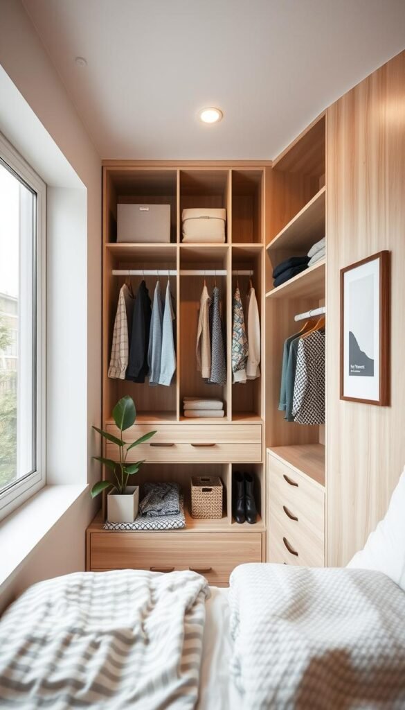 A cozy, well-organized small bedroom with custom built-in storage solutions for compact clothing and accessories. Crisp, natural lighting from a large window illuminates a series of neatly arranged shelves, drawers, and hanging rods crafted from light-toned wood. Geometric patterns on soft textiles add visual interest, while a potted plant and a framed minimalist artwork lend a touch of warmth. The overall atmosphere is one of efficiency and tranquility. A "My Home Dec" label is subtly visible on one of the storage units. A cozy, well-organized small bedroom with custom built-in storage solutions for compact clothing and accessories. Crisp, natural lighting from a large window illuminates a series of neatly arranged shelves, drawers, and hanging rods crafted from light-toned wood. Geometric patterns on soft textiles add visual interest, while a potted plant and a framed minimalist artwork lend a touch of warmth. The overall atmosphere is one of efficiency and tranquility. A "My Home Dec" label is subtly visible on one of the storage units.