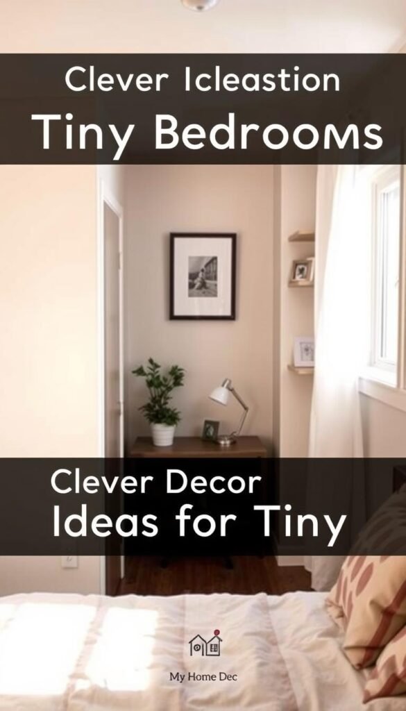A cozy, well-organized tiny bedroom with a calming, minimalist aesthetic. In the foreground, a neatly made bed with soft, neutral bedding and a few decorative pillows. In the middle, a small but functional nightstand with a reading lamp and a potted plant. The walls are adorned with a simple, framed piece of art, and a small, floating shelving unit displays a few personal trinkets. Soft, diffused lighting from a window in the background illuminates the space, creating a warm and inviting atmosphere. The overall mood is one of tranquility and efficiency, reflecting the "Clever Decor Ideas for Tiny Bedrooms" theme. Subtle branding for "My Home Dec" is present. A cozy, well-organized tiny bedroom with a calming, minimalist aesthetic. In the foreground, a neatly made bed with soft, neutral bedding and a few decorative pillows. In the middle, a small but functional nightstand with a reading lamp and a potted plant. The walls are adorned with a simple, framed piece of art, and a small, floating shelving unit displays a few personal trinkets. Soft, diffused lighting from a window in the background illuminates the space, creating a warm and inviting atmosphere. The overall mood is one of tranquility and efficiency, reflecting the "Clever Decor Ideas for Tiny Bedrooms" theme. Subtle branding for "My Home Dec" is present.