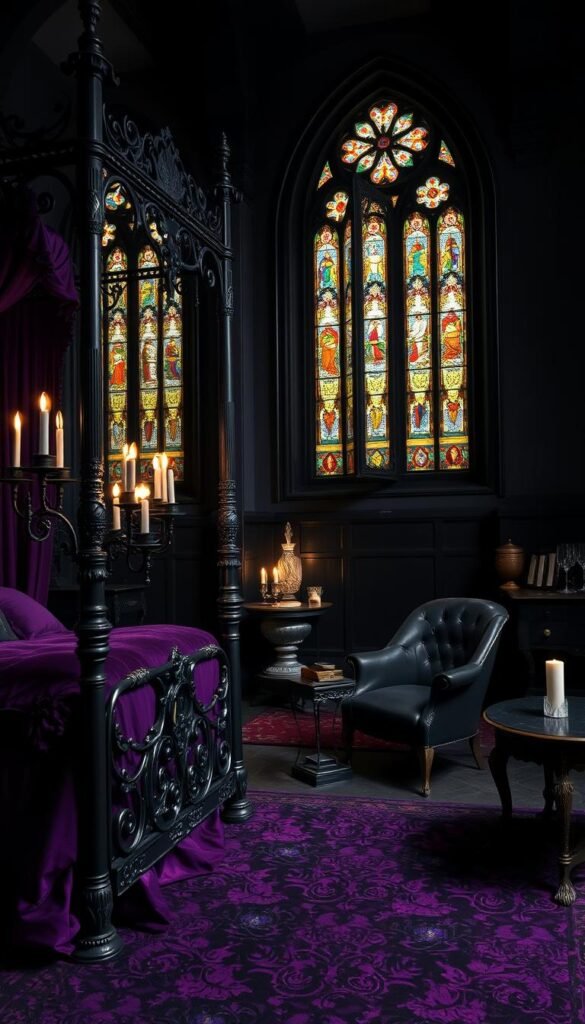 A dark and moody gothic bedroom with rich purple and black decor. In the foreground, a large canopy bed with intricate black wrought-iron frame and plush purple bedding. Ornate black candelabras cast a warm glow on the scene. In the middle ground, a vintage black armchair and side table with a crystal decanter and glasses. The background features high cathedral-style windows with stained glass, casting colorful shadows across the room. Antique black wooden furniture, candles, and a large black and purple area rug complete the atmospheric, haunting ambiance. My Home Dec A dark and moody gothic bedroom with rich purple and black decor. In the foreground, a large canopy bed with intricate black wrought-iron frame and plush purple bedding. Ornate black candelabras cast a warm glow on the scene. In the middle ground, a vintage black armchair and side table with a crystal decanter and glasses. The background features high cathedral-style windows with stained glass, casting colorful shadows across the room. Antique black wooden furniture, candles, and a large black and purple area rug complete the atmospheric, haunting ambiance. My Home Dec