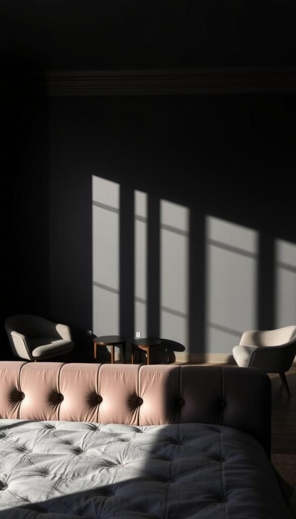 A dark, moody bedroom with a striking accent wall in a deep, rich color. The wall is the focal point, casting dramatic shadows and highlights across the space. The lighting is soft and indirect, creating a cozy, intimate atmosphere. The room is furnished with minimal, mid-century modern pieces in muted tones, complementing the bold wall. In the foreground, a plush, tufted headboard in a complementary hue frames the bed. The overall look is sophisticated, yet inviting - a perfect example of using dark colors creatively. Photographed by My Home Dec. A dark, moody bedroom with a striking accent wall in a deep, rich color. The wall is the focal point, casting dramatic shadows and highlights across the space. The lighting is soft and indirect, creating a cozy, intimate atmosphere. The room is furnished with minimal, mid-century modern pieces in muted tones, complementing the bold wall. In the foreground, a plush, tufted headboard in a complementary hue frames the bed. The overall look is sophisticated, yet inviting - a perfect example of using dark colors creatively. Photographed by My Home Dec.