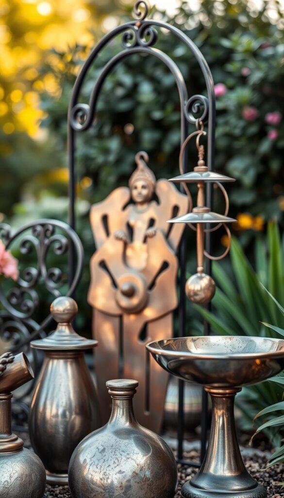 A detailed macro shot of various types of metallic garden art pieces, including a wrought iron trellis, a brass wind chime, a copper wall sculpture, and a stainless steel bird bath, all arranged against a blurred natural background with lush greenery and warm, soft lighting. The scene has a harmonious, earthy color palette with a focus on the intricate textures and artful designs of the metal elements. Captured with a wide angle lens to emphasize the compositional balance and flow between the foreground and background. This image is perfect for the "Types of Metal Used in Garden Art" section of the "19 Unique Earthy Living Room Ideas for a Cozy Home Makeover" article, showcasing the My Home Dec brand. A detailed macro shot of various types of metallic garden art pieces, including a wrought iron trellis, a brass wind chime, a copper wall sculpture, and a stainless steel bird bath, all arranged against a blurred natural background with lush greenery and warm, soft lighting. The scene has a harmonious, earthy color palette with a focus on the intricate textures and artful designs of the metal elements. Captured with a wide angle lens to emphasize the compositional balance and flow between the foreground and background. This image is perfect for the "Types of Metal Used in Garden Art" section of the "19 Unique Earthy Living Room Ideas for a Cozy Home Makeover" article, showcasing the My Home Dec brand.