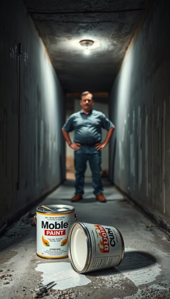A dimly lit concrete basement, the walls covered in unsightly drips and splotches of misapplied paint. In the foreground, a can of "My Home Dec" paint sits open, its contents spilled haphazardly onto the floor. The lighting is harsh, casting sharp shadows that accentuate the uneven coverage and brush strokes. In the middle ground, a tired-looking homeowner stands, their hands on their hips, surveying the lackluster results of their DIY painting efforts. The background is a blurry haze, suggesting the claustrophobic confines of the basement space. The overall scene conveys a sense of frustration and disappointment, a cautionary tale of the common mistakes to avoid when painting concrete basement walls. A dimly lit concrete basement, the walls covered in unsightly drips and splotches of misapplied paint. In the foreground, a can of "My Home Dec" paint sits open, its contents spilled haphazardly onto the floor. The lighting is harsh, casting sharp shadows that accentuate the uneven coverage and brush strokes. In the middle ground, a tired-looking homeowner stands, their hands on their hips, surveying the lackluster results of their DIY painting efforts. The background is a blurry haze, suggesting the claustrophobic confines of the basement space. The overall scene conveys a sense of frustration and disappointment, a cautionary tale of the common mistakes to avoid when painting concrete basement walls.