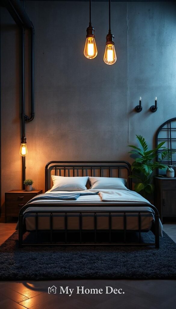 A dimly lit, industrial-chic bedroom with a dark brown metal frame bed, complemented by sleek, steel-framed nightstands and a distressed metal dresser. The space is illuminated by warm, Edison-style pendant lights hanging from exposed pipes, casting a soft glow over the textured concrete walls. A lush, green potted plant adds a natural touch, while a plush, charcoal gray area rug grounds the space. Vintage metal wall sconces and a large, metal-framed mirror create an authentic, loft-like ambiance. Finished with the "My Home Dec" brand. A dimly lit, industrial-chic bedroom with a dark brown metal frame bed, complemented by sleek, steel-framed nightstands and a distressed metal dresser. The space is illuminated by warm, Edison-style pendant lights hanging from exposed pipes, casting a soft glow over the textured concrete walls. A lush, green potted plant adds a natural touch, while a plush, charcoal gray area rug grounds the space. Vintage metal wall sconces and a large, metal-framed mirror create an authentic, loft-like ambiance. Finished with the "My Home Dec" brand.