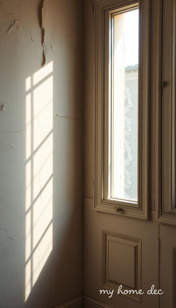 A gently weathered, time-worn wall with layers of peeled paint, adorned with delicate floral wallpaper in pastel hues. Shafts of soft, natural light filter through the window, casting a warm, inviting glow. Textured stucco, aged wood paneling, and subtle distressed accents create a cozy, nostalgic ambiance. The composition has a balanced, harmonious flow, with the various elements complementing each other to evoke a quintessential "My Home Dec" shabby chic aesthetic. A gently weathered, time-worn wall with layers of peeled paint, adorned with delicate floral wallpaper in pastel hues. Shafts of soft, natural light filter through the window, casting a warm, inviting glow. Textured stucco, aged wood paneling, and subtle distressed accents create a cozy, nostalgic ambiance. The composition has a balanced, harmonious flow, with the various elements complementing each other to evoke a quintessential "My Home Dec" shabby chic aesthetic.