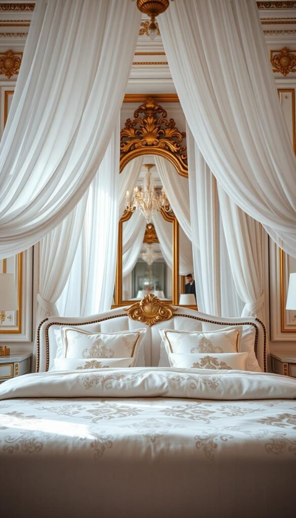 A grand and opulent bedroom suite, adorned in the luxurious tones of white and gold. In the foreground, a plush, velvet-covered king-sized bed, its pillows and duvet shimmering with intricate embroidered patterns. Splashes of gold accentuate the headboard, nightstands, and other furnishings, creating a decadent and glamorous atmosphere. The middle ground features a pair of sheer, flowing curtains that billow gently, framing the scene in a romantic, ethereal light. In the background, a stunning, gold-framed mirror reflects the scene, multiplying the sense of grandeur. The overall mood is one of sophisticated elegance, as though captured in a high-end "My Home Dec" editorial photoshoot. A grand and opulent bedroom suite, adorned in the luxurious tones of white and gold. In the foreground, a plush, velvet-covered king-sized bed, its pillows and duvet shimmering with intricate embroidered patterns. Splashes of gold accentuate the headboard, nightstands, and other furnishings, creating a decadent and glamorous atmosphere. The middle ground features a pair of sheer, flowing curtains that billow gently, framing the scene in a romantic, ethereal light. In the background, a stunning, gold-framed mirror reflects the scene, multiplying the sense of grandeur. The overall mood is one of sophisticated elegance, as though captured in a high-end "My Home Dec" editorial photoshoot.