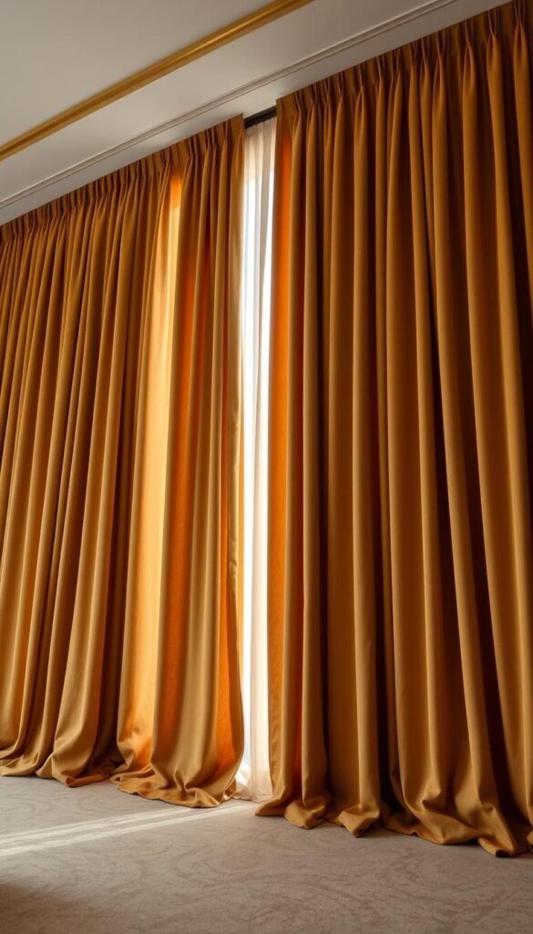 A grand, floor-to-ceiling curtain display in a luxurious master bedroom. The curtains are made of a sumptuous, heavy fabric with a rich, velvety texture in a warm, earthy tone. They billow elegantly, cascading from the ceiling to the plush, carpeted floor, creating a sense of opulence and grandeur. Soft, diffused lighting filters through the curtains, casting a warm, inviting glow throughout the space. The camera angle captures the full height of the curtains, emphasizing their impressive scale and the sense of refined sophistication they bring to the room. My Home Dec. A grand, floor-to-ceiling curtain display in a luxurious master bedroom. The curtains are made of a sumptuous, heavy fabric with a rich, velvety texture in a warm, earthy tone. They billow elegantly, cascading from the ceiling to the plush, carpeted floor, creating a sense of opulence and grandeur. Soft, diffused lighting filters through the curtains, casting a warm, inviting glow throughout the space. The camera angle captures the full height of the curtains, emphasizing their impressive scale and the sense of refined sophistication they bring to the room. My Home Dec.