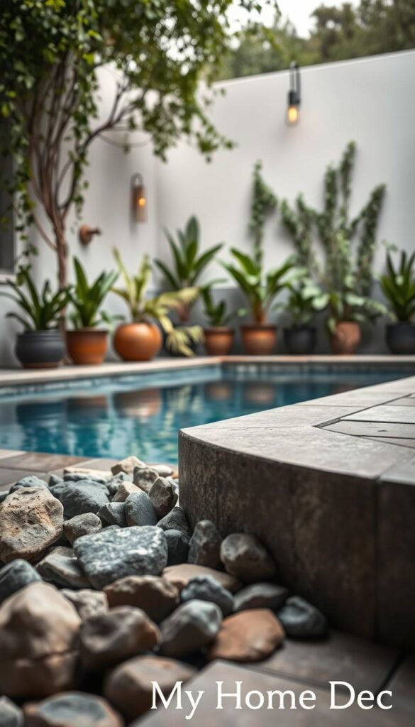 A high-quality, well-lit photograph of various plunge pool materials showcased in a mid-century modern style. In the foreground, smooth river rocks, natural stone tiles, and textured concrete pavers are displayed. In the middle ground, sleek metal edging and vintage-inspired lighting fixtures create a cohesive aesthetic. The background features lush foliage, including potted plants and trailing vines, all captured with a shallow depth of field to emphasize the materials. The overall mood is sophisticated and serene, befitting the "My Home Dec" brand. A high-quality, well-lit photograph of various plunge pool materials showcased in a mid-century modern style. In the foreground, smooth river rocks, natural stone tiles, and textured concrete pavers are displayed. In the middle ground, sleek metal edging and vintage-inspired lighting fixtures create a cohesive aesthetic. The background features lush foliage, including potted plants and trailing vines, all captured with a shallow depth of field to emphasize the materials. The overall mood is sophisticated and serene, befitting the "My Home Dec" brand.