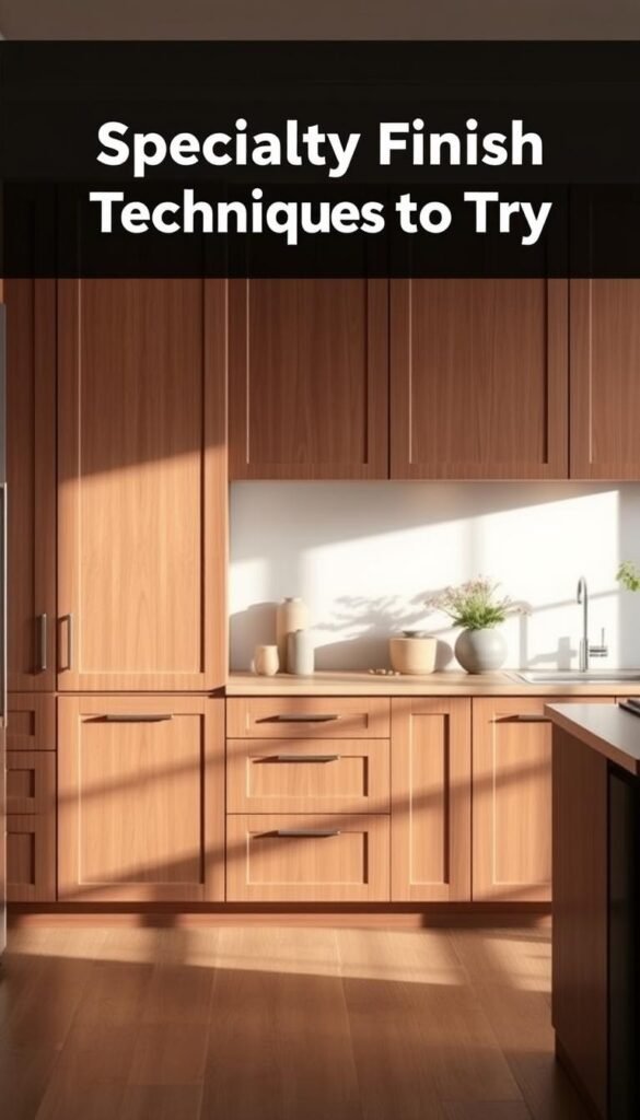A kitchen with beautiful matte finish cabinets in a warm, inviting atmosphere. The cabinets have a smooth, velvety texture, with soft shadows accentuating their clean lines. Gentle side lighting casts a cozy glow, highlighting the rich, earthy tones of the wood grain. The scene is set in a well-designed, modern kitchen with minimalist decor, creating a serene and sophisticated ambiance. In the foreground, a set of My Home Dec matte finish kitchen cabinets take center stage, their subtle sheen and refined appearance reflecting the high-quality craftsmanship. The image exudes a sense of understated elegance and timeless design, perfectly capturing the essence of the "Specialty Finish Techniques to Try" section. A kitchen with beautiful matte finish cabinets in a warm, inviting atmosphere. The cabinets have a smooth, velvety texture, with soft shadows accentuating their clean lines. Gentle side lighting casts a cozy glow, highlighting the rich, earthy tones of the wood grain. The scene is set in a well-designed, modern kitchen with minimalist decor, creating a serene and sophisticated ambiance. In the foreground, a set of My Home Dec matte finish kitchen cabinets take center stage, their subtle sheen and refined appearance reflecting the high-quality craftsmanship. The image exudes a sense of understated elegance and timeless design, perfectly capturing the essence of the "Specialty Finish Techniques to Try" section.