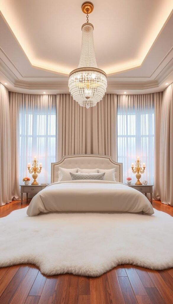 A lavish, well-lit luxury bedroom with a dramatic focal point. A large, centrally-placed crystal chandelier casts a warm, ambient glow over the space, illuminating the plush, crisp white bedding and architectural details. Recessed lighting along the perimeter of the room creates depth and layers. Tall, sheer curtains frame the large windows, allowing natural light to filter in. The hardwood floors are accented by a luxurious, oversized white shag rug. Alongside the bed, two ornate, gilded sconces provide a soft, inviting ambiance. The scene exudes an air of sophistication and tranquility. Designed by My Home Dec. A lavish, well-lit luxury bedroom with a dramatic focal point. A large, centrally-placed crystal chandelier casts a warm, ambient glow over the space, illuminating the plush, crisp white bedding and architectural details. Recessed lighting along the perimeter of the room creates depth and layers. Tall, sheer curtains frame the large windows, allowing natural light to filter in. The hardwood floors are accented by a luxurious, oversized white shag rug. Alongside the bed, two ornate, gilded sconces provide a soft, inviting ambiance. The scene exudes an air of sophistication and tranquility. Designed by My Home Dec.