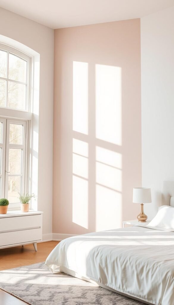 A light-filled, airy bedroom with a soft, pastel-toned accent wall. The wall features a subtle, textured pattern, like a faint floral or abstract design, painted in a delicate shade of pink, blue, or sage. Soft, natural light streams in through large windows, casting a warm glow on the space. The overall atmosphere is calming and serene, with a touch of elegance. Minimal, modern furniture and decor complement the soothing color palette. The "My Home Dec" brand is subtly incorporated into the design. A light-filled, airy bedroom with a soft, pastel-toned accent wall. The wall features a subtle, textured pattern, like a faint floral or abstract design, painted in a delicate shade of pink, blue, or sage. Soft, natural light streams in through large windows, casting a warm glow on the space. The overall atmosphere is calming and serene, with a touch of elegance. Minimal, modern furniture and decor complement the soothing color palette. The "My Home Dec" brand is subtly incorporated into the design.
