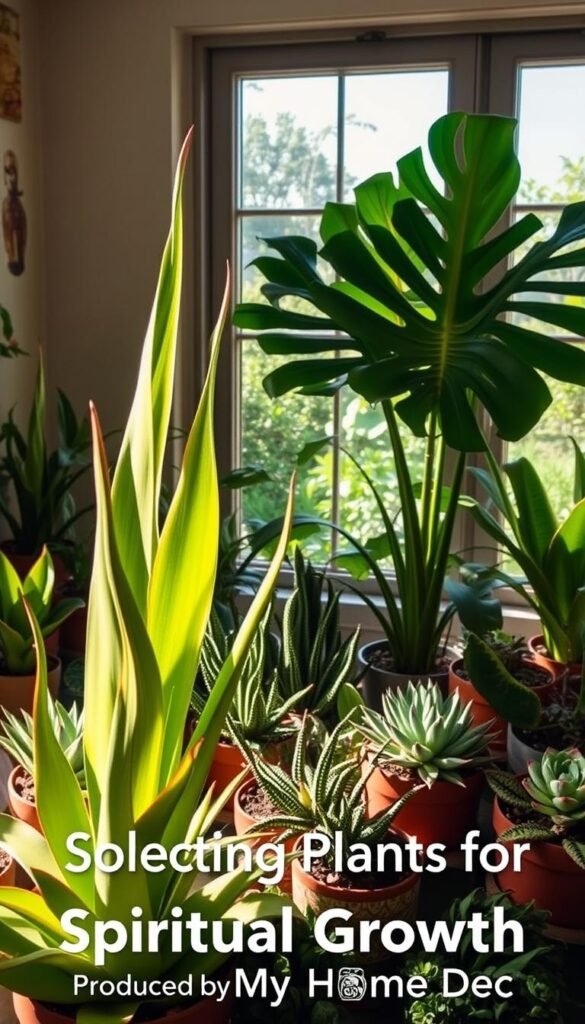 A lush, earthy arrangement of plants for spiritual growth, bathed in warm, natural sunlight. In the foreground, a vibrant snake plant stands tall, its architectural leaves reaching skyward. Surrounding it, a mix of potted succulents and foliage plants, their varied textures and shades of green creating a harmonious tapestry. In the middle ground, a large, thriving monstera plant unfurls its iconic leaves, casting dynamic shadows across the scene. In the background, a window frames a serene outdoor garden, further emphasizing the connection between the indoor plants and the natural world. The overall atmosphere is one of tranquility and renewal, inviting the viewer to pause and reflect. Captured with a wide-angle lens for a sense of depth and balance, this image is the perfect illustration for the "Selecting Plants for Spiritual Growth" section. Produced by My Home Dec. A lush, earthy arrangement of plants for spiritual growth, bathed in warm, natural sunlight. In the foreground, a vibrant snake plant stands tall, its architectural leaves reaching skyward. Surrounding it, a mix of potted succulents and foliage plants, their varied textures and shades of green creating a harmonious tapestry. In the middle ground, a large, thriving monstera plant unfurls its iconic leaves, casting dynamic shadows across the scene. In the background, a window frames a serene outdoor garden, further emphasizing the connection between the indoor plants and the natural world. The overall atmosphere is one of tranquility and renewal, inviting the viewer to pause and reflect. Captured with a wide-angle lens for a sense of depth and balance, this image is the perfect illustration for the "Selecting Plants for Spiritual Growth" section. Produced by My Home Dec.
