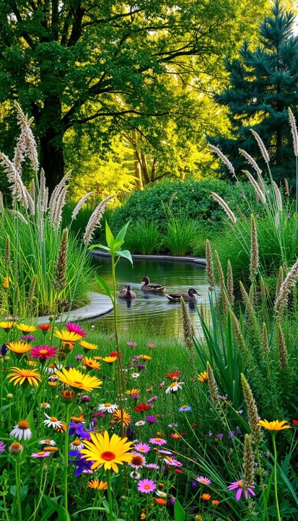 A lush, flourishing garden filled with diverse native plants, buzzing with vibrant pollinators and curious wildlife. In the foreground, a well-tended flowerbed boasts a riot of colors - from delicate wildflowers to tall, swaying grasses. The middle ground reveals a tranquil pond, its surface gently rippling as a family of ducks paddles by. In the background, a verdant canopy of trees provides a serene, natural backdrop. Warm, diffused sunlight filters through the leaves, casting a soft glow over the entire scene. The overall atmosphere evokes a sense of harmony and balance between human-cultivated spaces and the natural world. "My Home Dec" - a wildlife-friendly garden that invites nature's wonder right into your own backyard. A lush, flourishing garden filled with diverse native plants, buzzing with vibrant pollinators and curious wildlife. In the foreground, a well-tended flowerbed boasts a riot of colors - from delicate wildflowers to tall, swaying grasses. The middle ground reveals a tranquil pond, its surface gently rippling as a family of ducks paddles by. In the background, a verdant canopy of trees provides a serene, natural backdrop. Warm, diffused sunlight filters through the leaves, casting a soft glow over the entire scene. The overall atmosphere evokes a sense of harmony and balance between human-cultivated spaces and the natural world. "My Home Dec" - a wildlife-friendly garden that invites nature's wonder right into your own backyard.