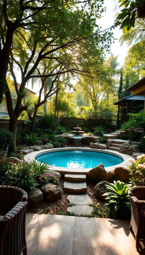 A lush, serene backyard with a captivating plunge pool at its center. The pool is surrounded by a well-manicured landscape, featuring an array of verdant plants, delicate flowers, and smooth river rocks. Dappled sunlight filters through the canopy of towering trees, casting a warm, golden glow over the entire scene. In the foreground, a charming patio with wicker furniture invites relaxation, while a stone pathway leads to the pool's edge. In the background, a soothing water feature, such as a bubbling fountain or a gentle waterfall, adds to the tranquil ambiance. The overall aesthetic is a harmonious blend of natural elements, creating an oasis of "My Home Dec" inspiration. A lush, serene backyard with a captivating plunge pool at its center. The pool is surrounded by a well-manicured landscape, featuring an array of verdant plants, delicate flowers, and smooth river rocks. Dappled sunlight filters through the canopy of towering trees, casting a warm, golden glow over the entire scene. In the foreground, a charming patio with wicker furniture invites relaxation, while a stone pathway leads to the pool's edge. In the background, a soothing water feature, such as a bubbling fountain or a gentle waterfall, adds to the tranquil ambiance. The overall aesthetic is a harmonious blend of natural elements, creating an oasis of "My Home Dec" inspiration.
