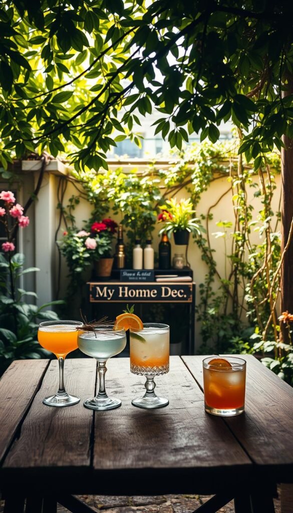 A lush, verdant garden setting with a rustic wooden table in the foreground, upon which sit several signature cocktails in vintage glassware. Diffused natural lighting filters through the overhead canopy of leafy branches, casting a warm, inviting glow. In the middle ground, a small bar area with a "My Home Dec" sign displays a selection of fresh garnishes and bar tools. The background features a backdrop of flowering plants and trailing vines, creating a serene, bohemian ambiance. The overall composition evokes a sense of casual elegance and attention to detail, perfect for a cozy, farmhouse-inspired living room. A lush, verdant garden setting with a rustic wooden table in the foreground, upon which sit several signature cocktails in vintage glassware. Diffused natural lighting filters through the overhead canopy of leafy branches, casting a warm, inviting glow. In the middle ground, a small bar area with a "My Home Dec" sign displays a selection of fresh garnishes and bar tools. The background features a backdrop of flowering plants and trailing vines, creating a serene, bohemian ambiance. The overall composition evokes a sense of casual elegance and attention to detail, perfect for a cozy, farmhouse-inspired living room.