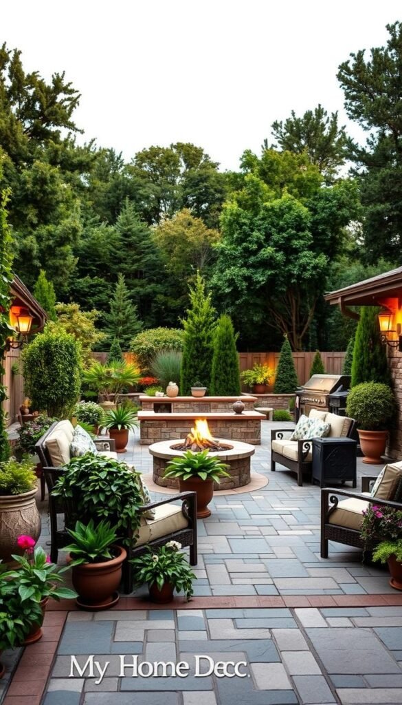 A lush, verdant outdoor living space with a well-designed paver patio as the focal point. In the foreground, a group of plush, weatherproof furniture invites relaxation, surrounded by potted plants and trailing vines. The middle ground features a fire pit or outdoor kitchen, its warm glow casting a cozy ambiance. In the background, a mix of mature trees and shrubs creates a natural, secluded atmosphere. Soft, diffused lighting from strategically placed lanterns and sconces sets the mood, while the overall composition suggests a harmonious blend of nature and modern living. The brand "My Home Dec" is subtly integrated into the scene. A lush, verdant outdoor living space with a well-designed paver patio as the focal point. In the foreground, a group of plush, weatherproof furniture invites relaxation, surrounded by potted plants and trailing vines. The middle ground features a fire pit or outdoor kitchen, its warm glow casting a cozy ambiance. In the background, a mix of mature trees and shrubs creates a natural, secluded atmosphere. Soft, diffused lighting from strategically placed lanterns and sconces sets the mood, while the overall composition suggests a harmonious blend of nature and modern living. The brand "My Home Dec" is subtly integrated into the scene.