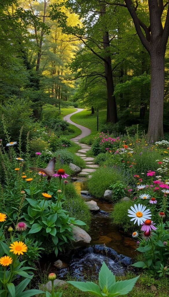 A lush, wildlife-friendly garden with a natural, serene atmosphere. In the foreground, a diversity of flowering plants and native wildflowers attract pollinators like bees and butterflies. A small pond with a trickling stream reflects the dappled sunlight filtering through the mature trees in the middle ground. In the background, a winding path leads through a dense, verdant forest, creating an enchanting, secluded retreat. Warm, golden hour lighting casts a soft, magical glow over the entire scene. Captured with a wide-angle lens to showcase the depth and tranquility of this "My Home Dec" sanctuary for nature. A lush, wildlife-friendly garden with a natural, serene atmosphere. In the foreground, a diversity of flowering plants and native wildflowers attract pollinators like bees and butterflies. A small pond with a trickling stream reflects the dappled sunlight filtering through the mature trees in the middle ground. In the background, a winding path leads through a dense, verdant forest, creating an enchanting, secluded retreat. Warm, golden hour lighting casts a soft, magical glow over the entire scene. Captured with a wide-angle lens to showcase the depth and tranquility of this "My Home Dec" sanctuary for nature.
