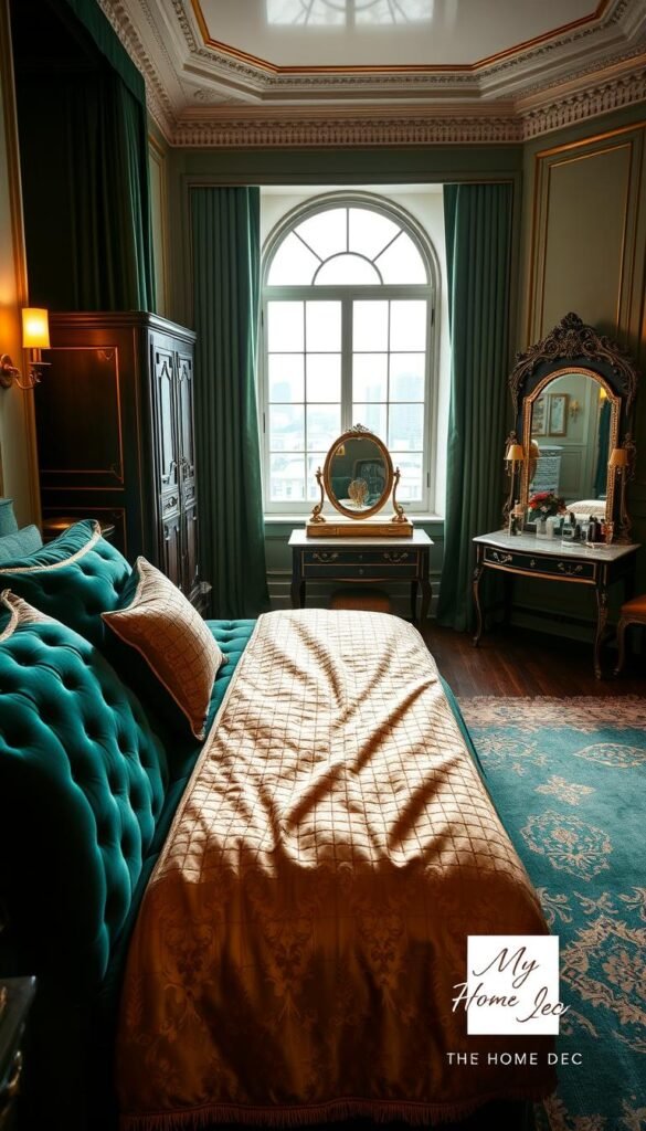 A luxurious Art Deco-inspired bedroom in shades of emerald green and gold, with a focus on rich, vintage-style details. The scene depicts a spacious room with high ceilings, ornate crown molding, and a large window overlooking a cityscape. In the foreground, a lush, tufted velvet bed in deep emerald green is adorned with gold-accented pillows and a luxurious brocade throw. On the opposite side, a sleek, mirrored vanity table with a vintage-style gold-framed mirror and an array of perfume bottles and cosmetics. In the background, a tall, carved wooden armoire in a darker green tone, and a plush, patterned area rug in shades of green and gold. Warm, soft lighting from a pair of gold-toned sconces casts a cozy glow over the space, creating an atmosphere of opulence and elegance. Signature: "My Home Dec" A luxurious Art Deco-inspired bedroom in shades of emerald green and gold, with a focus on rich, vintage-style details. The scene depicts a spacious room with high ceilings, ornate crown molding, and a large window overlooking a cityscape. In the foreground, a lush, tufted velvet bed in deep emerald green is adorned with gold-accented pillows and a luxurious brocade throw. On the opposite side, a sleek, mirrored vanity table with a vintage-style gold-framed mirror and an array of perfume bottles and cosmetics. In the background, a tall, carved wooden armoire in a darker green tone, and a plush, patterned area rug in shades of green and gold. Warm, soft lighting from a pair of gold-toned sconces casts a cozy glow over the space, creating an atmosphere of opulence and elegance. Signature: "My Home Dec"