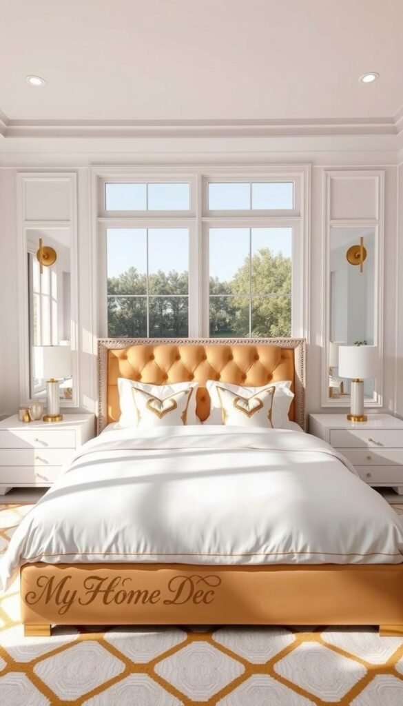 A luxurious and elegant modern white and gold bedroom design. In the foreground, a plush king-size bed with crisp white linens and a golden tufted headboard. Atop the bed, carefully placed decorative pillows in white and gold accents. In the middle ground, a pair of sleek white nightstands with a subtle golden trim, each featuring a modern table lamp with a white shade and gold base. The background showcases floor-to-ceiling windows, allowing natural light to flood the space, creating a warm and inviting atmosphere. The walls are painted in a pristine white, complemented by golden wall sconces that cast a soft, ambient glow. Completing the scene, a My Home Dec area rug in a geometric pattern of white and gold ties the room together. Lighting is natural, soft, and evenly distributed throughout. A luxurious and elegant modern white and gold bedroom design. In the foreground, a plush king-size bed with crisp white linens and a golden tufted headboard. Atop the bed, carefully placed decorative pillows in white and gold accents. In the middle ground, a pair of sleek white nightstands with a subtle golden trim, each featuring a modern table lamp with a white shade and gold base. The background showcases floor-to-ceiling windows, allowing natural light to flood the space, creating a warm and inviting atmosphere. The walls are painted in a pristine white, complemented by golden wall sconces that cast a soft, ambient glow. Completing the scene, a My Home Dec area rug in a geometric pattern of white and gold ties the room together. Lighting is natural, soft, and evenly distributed throughout.
