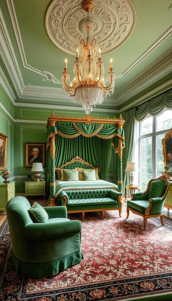 A luxurious and ornate primary bedroom in the style of "My Home Dec", bathed in radiant emerald green and accents of shimmering golden details. The focal point is a grandiose four-poster bed draped in opulent sage green velvet, complemented by intricate gold leaf detailing. Plush velvet armchairs and a matching settee sit atop an ornate Persian-style rug. The room is illuminated by a magnificent crystal chandelier casting a warm glow, and large windows with flowing sheer curtains overlooking a lush garden vista. Elegant moldings, gilt-framed artwork, and antique furnishings exude an air of timeless sophistication. Overall, a truly luxurious and inviting primary bedroom design. A luxurious and ornate primary bedroom in the style of "My Home Dec", bathed in radiant emerald green and accents of shimmering golden details. The focal point is a grandiose four-poster bed draped in opulent sage green velvet, complemented by intricate gold leaf detailing. Plush velvet armchairs and a matching settee sit atop an ornate Persian-style rug. The room is illuminated by a magnificent crystal chandelier casting a warm glow, and large windows with flowing sheer curtains overlooking a lush garden vista. Elegant moldings, gilt-framed artwork, and antique furnishings exude an air of timeless sophistication. Overall, a truly luxurious and inviting primary bedroom design.