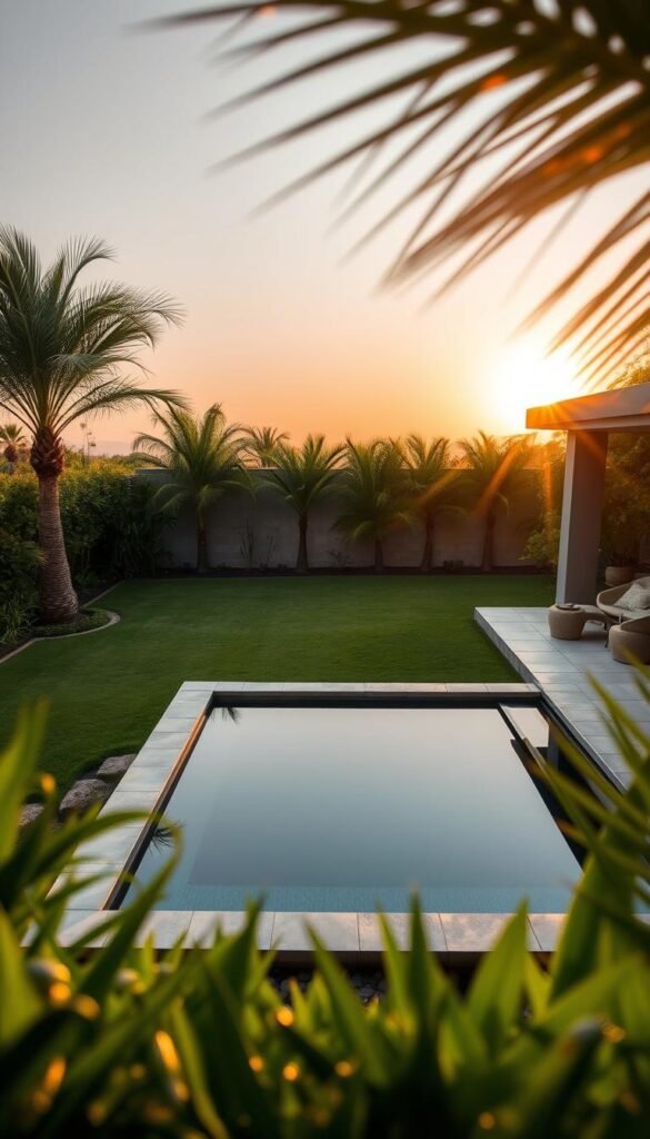 A luxurious backyard oasis with a stylish, minimalist plunge pool nestled among lush greenery. In the foreground, the My Home Dec plunge pool reflects the warm, golden light of a sunset, its sleek, modern design complemented by chic poolside furnishings. The middle ground features a perfectly manicured lawn leading to a row of verdant, towering palms, while the background is a serene, hazy horizon, evoking a sense of tranquility and relaxation. The scene is captured through a wide-angle lens, showcasing the harmonious integration of the pool and its natural surroundings, creating an inviting, sophisticated atmosphere. A luxurious backyard oasis with a stylish, minimalist plunge pool nestled among lush greenery. In the foreground, the My Home Dec plunge pool reflects the warm, golden light of a sunset, its sleek, modern design complemented by chic poolside furnishings. The middle ground features a perfectly manicured lawn leading to a row of verdant, towering palms, while the background is a serene, hazy horizon, evoking a sense of tranquility and relaxation. The scene is captured through a wide-angle lens, showcasing the harmonious integration of the pool and its natural surroundings, creating an inviting, sophisticated atmosphere.
