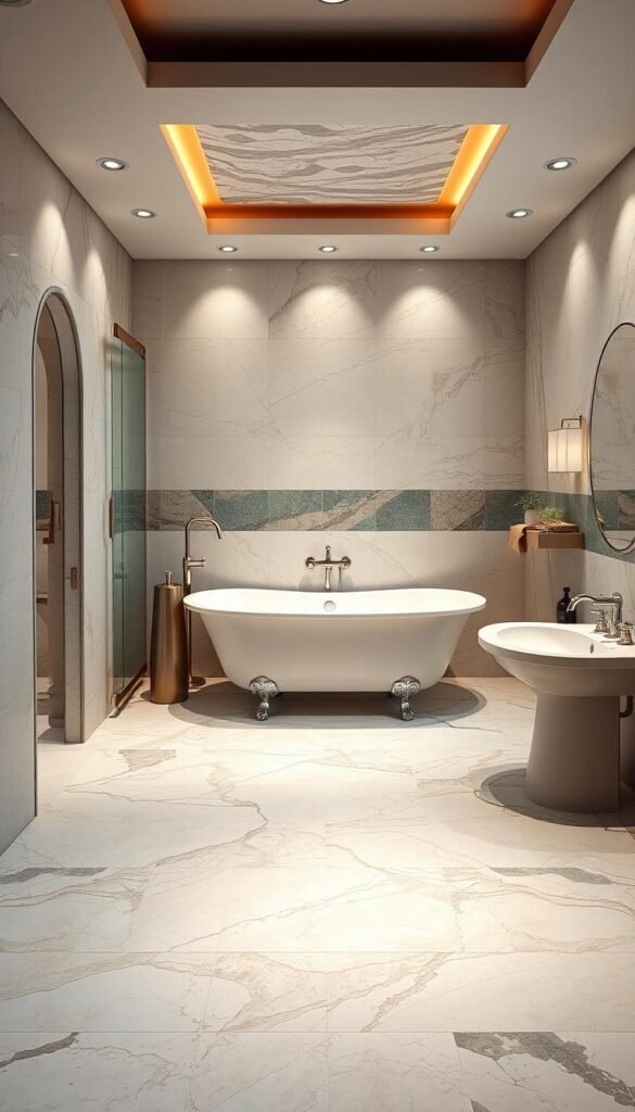 A luxurious bathroom with intricate tile patterns and soft, inviting textures. A striking mosaic of marble, slate, and natural stone covers the floors and walls, casting a warm, ambient glow under the gentle lighting. Subtle metallic accents, such as polished chrome fixtures and a freestanding clawfoot tub, add a touch of sophistication. The overall atmosphere is one of tranquility and relaxation, perfect for a modern teenage girl's self-care retreat. My Home Dec. A luxurious bathroom with intricate tile patterns and soft, inviting textures. A striking mosaic of marble, slate, and natural stone covers the floors and walls, casting a warm, ambient glow under the gentle lighting. Subtle metallic accents, such as polished chrome fixtures and a freestanding clawfoot tub, add a touch of sophistication. The overall atmosphere is one of tranquility and relaxation, perfect for a modern teenage girl's self-care retreat. My Home Dec.
