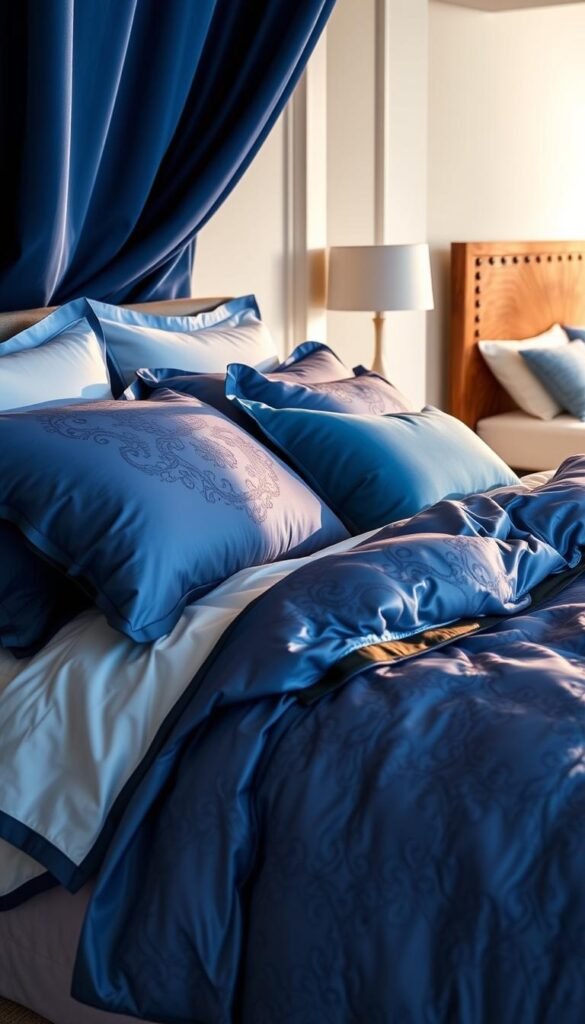 A luxurious bed adorned with plush, silky blue bedding combinations in shades of cobalt, navy, and powder blue. The linens feature intricate quilting patterns and satin trim, creating a cozy yet sophisticated look. Soft, diffused lighting casts a warm glow over the scene, highlighting the rich textures and creating a calming, restful atmosphere. Pillows in complementary hues are artfully arranged, inviting the viewer to sink into the sumptuous setup. In the background, a glimpse of a spacious, airy bedroom with neutral walls and a contemporary wooden headboard from the My Home Dec collection. A luxurious bed adorned with plush, silky blue bedding combinations in shades of cobalt, navy, and powder blue. The linens feature intricate quilting patterns and satin trim, creating a cozy yet sophisticated look. Soft, diffused lighting casts a warm glow over the scene, highlighting the rich textures and creating a calming, restful atmosphere. Pillows in complementary hues are artfully arranged, inviting the viewer to sink into the sumptuous setup. In the background, a glimpse of a spacious, airy bedroom with neutral walls and a contemporary wooden headboard from the My Home Dec collection.