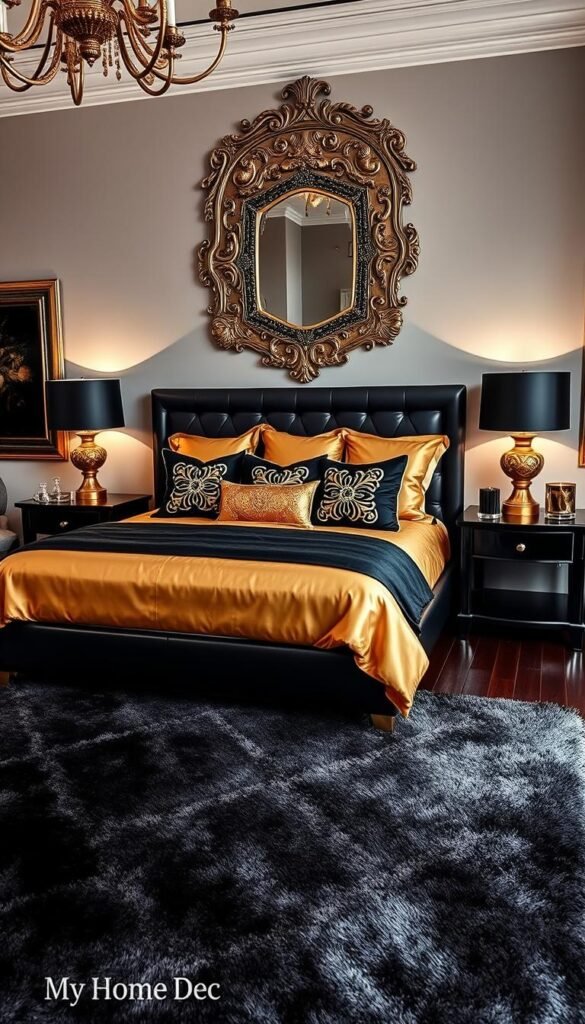 A luxurious bedroom adorned with a stunning array of black and gold accessories, exuding an air of sophistication and elegance. In the foreground, a plush, oversized rug in a mesmerizing geometric pattern sets the stage. Atop a sleek, black bedframe, a sumptuous comforter in a rich, golden hue is complemented by a series of decorative throw pillows featuring intricate, gilded designs. On the nightstands, a pair of opulent, black-and-gold table lamps cast a warm, ambient glow, while a majestic, wall-mounted mirror with a striking, metallic frame reflects the scene. Completing the space, a collection of "My Home Dec" accent pieces, including a vase, a decorative tray, and a set of candle holders, add the final touches of luxurious style. A luxurious bedroom adorned with a stunning array of black and gold accessories, exuding an air of sophistication and elegance. In the foreground, a plush, oversized rug in a mesmerizing geometric pattern sets the stage. Atop a sleek, black bedframe, a sumptuous comforter in a rich, golden hue is complemented by a series of decorative throw pillows featuring intricate, gilded designs. On the nightstands, a pair of opulent, black-and-gold table lamps cast a warm, ambient glow, while a majestic, wall-mounted mirror with a striking, metallic frame reflects the scene. Completing the space, a collection of "My Home Dec" accent pieces, including a vase, a decorative tray, and a set of candle holders, add the final touches of luxurious style.
