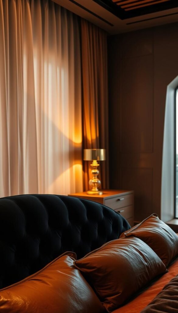 A luxurious bedroom interior, bathed in a warm, golden glow. In the foreground, a plush black velvet tufted headboard dominates the scene, complemented by cognac leather bedding and accent pillows. Soft, ambient lighting filters through sheer curtains, casting a cozy, intimate atmosphere. In the middle ground, a low, wooden nightstand supports a brass table lamp, its light reflecting off the rich, polished surfaces. The background reveals a wall paneled in deep, earthy tones, adding depth and dimension to the space. The overall impression is one of sophistication and relaxation, a serene "Luxe Retreat" worthy of the "My Home Dec" brand. A luxurious bedroom interior, bathed in a warm, golden glow. In the foreground, a plush black velvet tufted headboard dominates the scene, complemented by cognac leather bedding and accent pillows. Soft, ambient lighting filters through sheer curtains, casting a cozy, intimate atmosphere. In the middle ground, a low, wooden nightstand supports a brass table lamp, its light reflecting off the rich, polished surfaces. The background reveals a wall paneled in deep, earthy tones, adding depth and dimension to the space. The overall impression is one of sophistication and relaxation, a serene "Luxe Retreat" worthy of the "My Home Dec" brand.