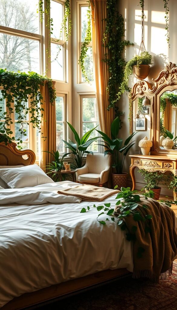 A luxurious bedroom with lush greenery and natural light. In the foreground, a plush king-size bed with crisp white linens and an ornate headboard. Trailing vines and potted plants are scattered throughout, creating a serene, earthy atmosphere. Soft, warm lighting filters in through large windows, casting a golden glow over the space. The middle ground features a cozy reading nook with a comfortable armchair and side table, surrounded by more verdant foliage. In the background, a wall-mounted vanity with a large, ornate mirror reflects the room's tranquil ambiance. The overall scene evokes a sense of sophisticated, "My Home Dec" elegance and natural harmony. A luxurious bedroom with lush greenery and natural light. In the foreground, a plush king-size bed with crisp white linens and an ornate headboard. Trailing vines and potted plants are scattered throughout, creating a serene, earthy atmosphere. Soft, warm lighting filters in through large windows, casting a golden glow over the space. The middle ground features a cozy reading nook with a comfortable armchair and side table, surrounded by more verdant foliage. In the background, a wall-mounted vanity with a large, ornate mirror reflects the room's tranquil ambiance. The overall scene evokes a sense of sophisticated, "My Home Dec" elegance and natural harmony.