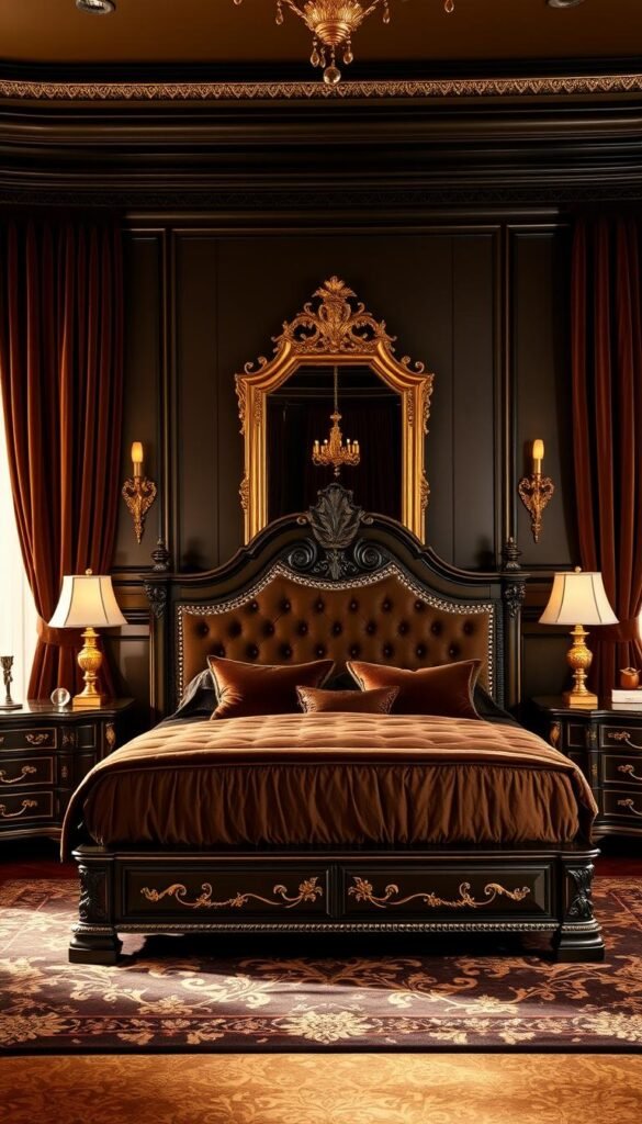 A luxurious dark brown and gold bedroom, bathed in warm, soft lighting. The centerpiece is a magnificent king-sized bed, its headboard and frame adorned with intricate carvings and golden accents. Plush velvet curtains in a rich chocolate hue frame the windows, complementing the deep wooden tones of the dresser and nightstands. A large, ornate gold-framed mirror reflects the scene, adding depth and a touch of opulence. Strategically placed golden lamps and sconces cast a cozy glow, while a sumptuous area rug in a complementary pattern ties the room together. This is a My Home Dec exclusive design, exuding sophistication and grandeur. A luxurious dark brown and gold bedroom, bathed in warm, soft lighting. The centerpiece is a magnificent king-sized bed, its headboard and frame adorned with intricate carvings and golden accents. Plush velvet curtains in a rich chocolate hue frame the windows, complementing the deep wooden tones of the dresser and nightstands. A large, ornate gold-framed mirror reflects the scene, adding depth and a touch of opulence. Strategically placed golden lamps and sconces cast a cozy glow, while a sumptuous area rug in a complementary pattern ties the room together. This is a My Home Dec exclusive design, exuding sophistication and grandeur.