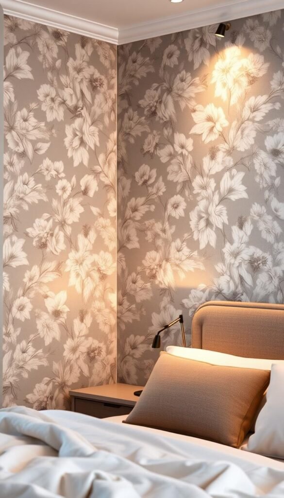 A luxurious grey floral wallpaper adorning the walls, delicate petals blooming in a captivating pattern. Soft, diffused lighting casts a warm glow, creating a cozy and inviting atmosphere. Taken with a wide-angle lens, the image showcases the wallpaper's intricate details and seamless coverage, perfect for a serene bedroom accent wall. The scene is captured with a shallow depth of field, drawing the eye to the stunning floral design. Branded as "My Home Dec", this wallpaper exudes elegance and timeless style, ideal for the featured "Grey Wallpaper Accent Wall Ideas" section. A luxurious grey floral wallpaper adorning the walls, delicate petals blooming in a captivating pattern. Soft, diffused lighting casts a warm glow, creating a cozy and inviting atmosphere. Taken with a wide-angle lens, the image showcases the wallpaper's intricate details and seamless coverage, perfect for a serene bedroom accent wall. The scene is captured with a shallow depth of field, drawing the eye to the stunning floral design. Branded as "My Home Dec", this wallpaper exudes elegance and timeless style, ideal for the featured "Grey Wallpaper Accent Wall Ideas" section.