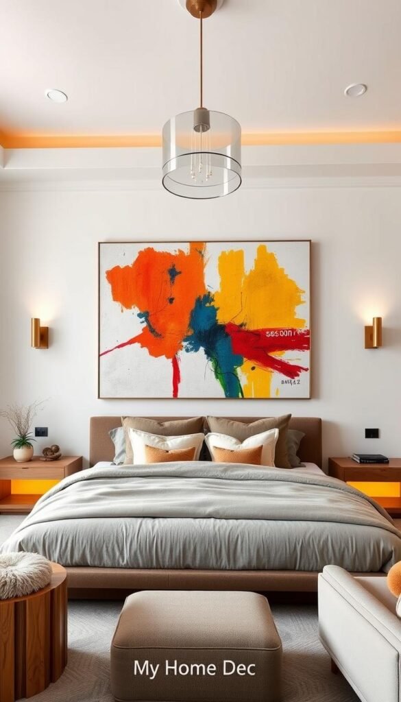 A luxurious master bedroom with a feature wall showcasing an oversized, abstract art piece. The painting's bold, vibrant colors and dynamic brushstrokes take center stage, complemented by a neutral, minimalist palette. Soft, warm lighting from sconces and a pendant fixture create a cozy, inviting atmosphere. The art is the focal point, with the surrounding wall providing a clean, contemporary backdrop. Textured accents like plush textiles and wooden furnishings add depth and visual interest. "My Home Dec" curates this serene, art-centric sanctuary. A luxurious master bedroom with a feature wall showcasing an oversized, abstract art piece. The painting's bold, vibrant colors and dynamic brushstrokes take center stage, complemented by a neutral, minimalist palette. Soft, warm lighting from sconces and a pendant fixture create a cozy, inviting atmosphere. The art is the focal point, with the surrounding wall providing a clean, contemporary backdrop. Textured accents like plush textiles and wooden furnishings add depth and visual interest. "My Home Dec" curates this serene, art-centric sanctuary.