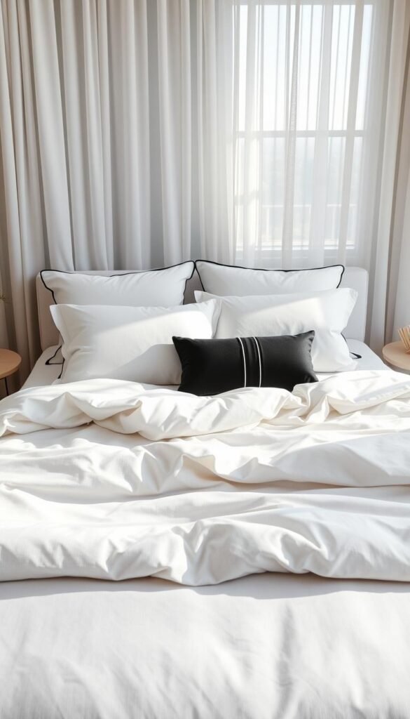 A luxurious, minimalist bedroom with crisp, high-quality black and white bedding. Plush duvet cover and pillows in a pristine, monochrome palette. Soft, textured sheets in a silky-smooth, high-thread-count. Geometric patterns or subtle stripes add visual interest. Natural lighting filters through sheer curtains, casting a warm, cozy glow. The entire scene is captured in a wide, cinematic angle, highlighting the clean, sophisticated "My Home Dec" aesthetic. A luxurious, minimalist bedroom with crisp, high-quality black and white bedding. Plush duvet cover and pillows in a pristine, monochrome palette. Soft, textured sheets in a silky-smooth, high-thread-count. Geometric patterns or subtle stripes add visual interest. Natural lighting filters through sheer curtains, casting a warm, cozy glow. The entire scene is captured in a wide, cinematic angle, highlighting the clean, sophisticated "My Home Dec" aesthetic.