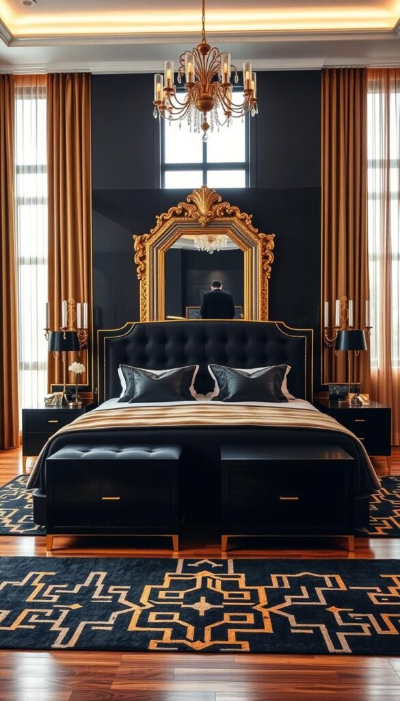 A luxurious modern black and gold bedroom with a striking Art Deco-inspired aesthetic. In the foreground, a plush velvet upholstered king-size bed with gold-trimmed headboard. Elegant sconces and a large, ornate gold-framed mirror on the wall behind. In the middle, sleek black lacquered nightstands with gold hardware and geometric patterns. A gold-and-black patterned area rug on the hardwood floor. The background features tall windows with sheer gold curtains, allowing warm, dramatic lighting to flood the space. The overall atmosphere is one of sophistication and opulence, perfect for a "My Home Dec" article on modern black and gold bedroom ideas for 2023. A luxurious modern black and gold bedroom with a striking Art Deco-inspired aesthetic. In the foreground, a plush velvet upholstered king-size bed with gold-trimmed headboard. Elegant sconces and a large, ornate gold-framed mirror on the wall behind. In the middle, sleek black lacquered nightstands with gold hardware and geometric patterns. A gold-and-black patterned area rug on the hardwood floor. The background features tall windows with sheer gold curtains, allowing warm, dramatic lighting to flood the space. The overall atmosphere is one of sophistication and opulence, perfect for a "My Home Dec" article on modern black and gold bedroom ideas for 2023.