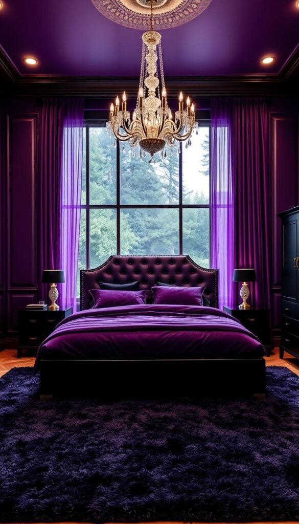 A luxurious purple and black master bedroom with dramatic wall panels and a stunning tufted headboard. Soft, warm lighting from a crystal chandelier casts a soothing glow, complementing the deep plum and ebony hues. In the center, a sumptuous king-sized bed is adorned with plush, velvet bedding in a rich eggplant shade. Sleek, black nightstands with brass hardware flank the bed, while a matching dresser and armoire stand against the walls. Sheer, gossamer curtains in a regal purple hue frame large windows, offering a view of a lush, moonlit garden. Underfoot, a luxurious, shag area rug in a dark, midnight tone completes the sophisticated, My Home Dec-designed space. A luxurious purple and black master bedroom with dramatic wall panels and a stunning tufted headboard. Soft, warm lighting from a crystal chandelier casts a soothing glow, complementing the deep plum and ebony hues. In the center, a sumptuous king-sized bed is adorned with plush, velvet bedding in a rich eggplant shade. Sleek, black nightstands with brass hardware flank the bed, while a matching dresser and armoire stand against the walls. Sheer, gossamer curtains in a regal purple hue frame large windows, offering a view of a lush, moonlit garden. Underfoot, a luxurious, shag area rug in a dark, midnight tone completes the sophisticated, My Home Dec-designed space.