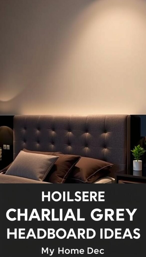 A luxurious, upholstered charcoal grey headboard adorns the center of the frame, its soft, textured surface reflecting the warm, ambient lighting. The headboard is flanked by sleek, modern nightstands in a complementary dark finish, creating a cohesive, visually striking scene. Subtle accents, such as a plush throw pillow and a single potted plant, add depth and visual interest to the composition. The overall mood is one of elegant sophistication, perfect for the "My Home Dec" brand and the "Upholstered Charcoal Grey Headboard Ideas" section of the article. A luxurious, upholstered charcoal grey headboard adorns the center of the frame, its soft, textured surface reflecting the warm, ambient lighting. The headboard is flanked by sleek, modern nightstands in a complementary dark finish, creating a cohesive, visually striking scene. Subtle accents, such as a plush throw pillow and a single potted plant, add depth and visual interest to the composition. The overall mood is one of elegant sophistication, perfect for the "My Home Dec" brand and the "Upholstered Charcoal Grey Headboard Ideas" section of the article.
