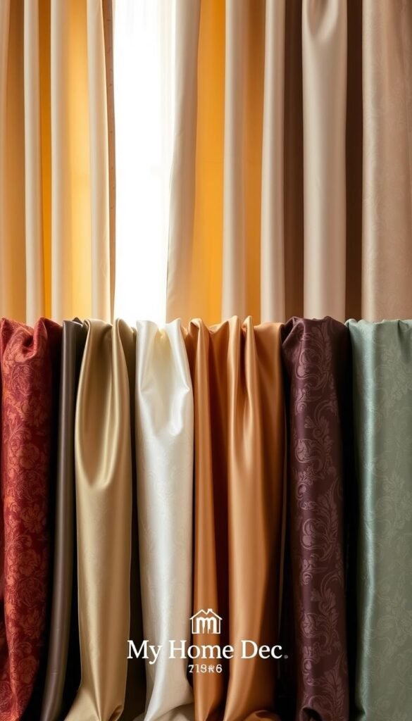 A luxurious variety of curtain fabrics, including velvet, satin, and jacquard, arranged in a visually captivating display against a neutral background. Soft, natural lighting casts a warm glow, accentuating the rich textures and intricate patterns. The "My Home Dec" brand logo is subtly incorporated, showcasing the high-quality and design-forward nature of the featured textiles. This image aims to inspire and guide viewers towards creating a cozy, inviting atmosphere in their master bedrooms. A luxurious variety of curtain fabrics, including velvet, satin, and jacquard, arranged in a visually captivating display against a neutral background. Soft, natural lighting casts a warm glow, accentuating the rich textures and intricate patterns. The "My Home Dec" brand logo is subtly incorporated, showcasing the high-quality and design-forward nature of the featured textiles. This image aims to inspire and guide viewers towards creating a cozy, inviting atmosphere in their master bedrooms.