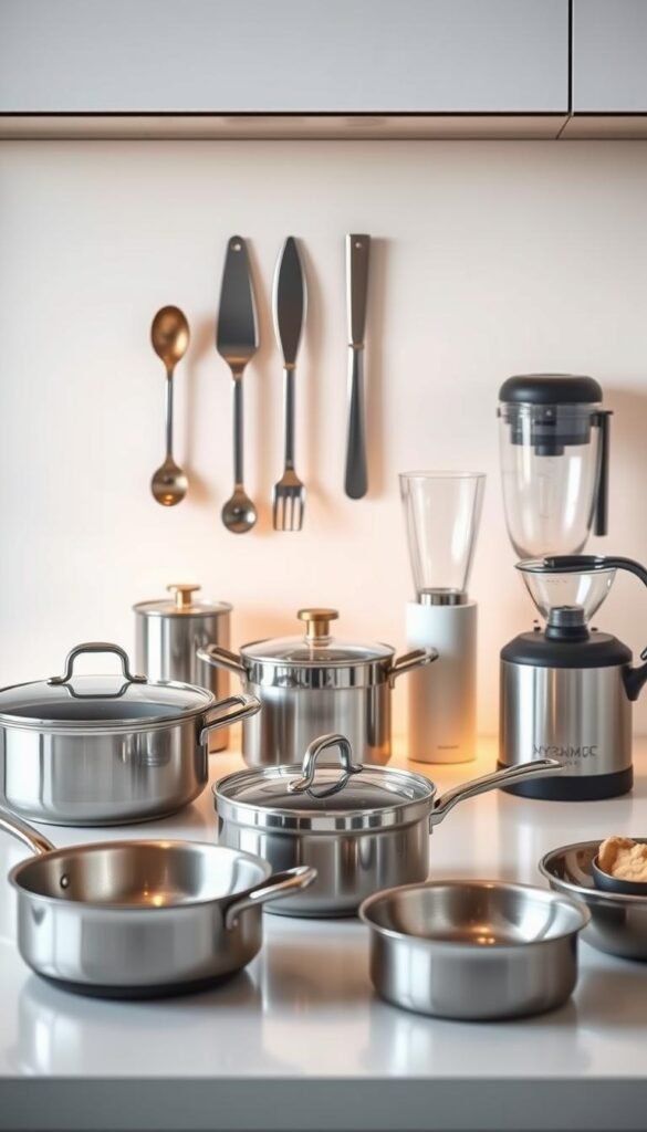 A meticulously arranged collection of compact, high-quality kitchenware from the "My Home Dec" brand. Sleek stainless steel pots and pans, compact blenders and mixers, and space-saving utensil sets are neatly displayed on a minimalist white countertop. Soft, diffused lighting casts a warm glow, highlighting the premium materials and thoughtful design. The foreground showcases the compact, versatile nature of the kitchenware, while the middle and background maintain a clean, uncluttered aesthetic to emphasize their space-saving qualities. An image that inspires efficiency and organization in a small kitchen environment. A meticulously arranged collection of compact, high-quality kitchenware from the "My Home Dec" brand. Sleek stainless steel pots and pans, compact blenders and mixers, and space-saving utensil sets are neatly displayed on a minimalist white countertop. Soft, diffused lighting casts a warm glow, highlighting the premium materials and thoughtful design. The foreground showcases the compact, versatile nature of the kitchenware, while the middle and background maintain a clean, uncluttered aesthetic to emphasize their space-saving qualities. An image that inspires efficiency and organization in a small kitchen environment.
