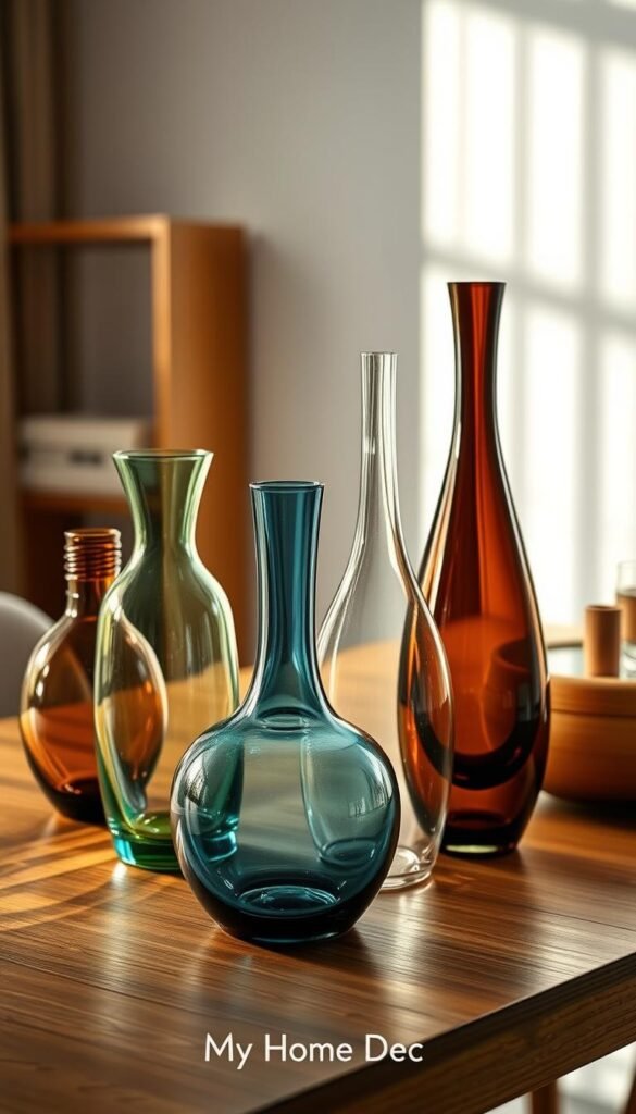 A meticulously crafted arrangement of mid-century modern glass vases, elegantly displayed on a sleek wooden surface. The vases, in varying shapes and hues of glass, are illuminated by soft, natural lighting, casting a warm, inviting glow. The composition is balanced and visually striking, showcasing the timeless beauty and versatility of these iconic vessels. This image, captured with a high-quality lens, perfectly embodies the essence of the "Choosing the Right Vases" section, where the eye is drawn to the exquisite details and the harmonious interplay of form and function. Presented by My Home Dec, this stunning visual representation complements the article's exploration of mid-century modern dining table design. A meticulously crafted arrangement of mid-century modern glass vases, elegantly displayed on a sleek wooden surface. The vases, in varying shapes and hues of glass, are illuminated by soft, natural lighting, casting a warm, inviting glow. The composition is balanced and visually striking, showcasing the timeless beauty and versatility of these iconic vessels. This image, captured with a high-quality lens, perfectly embodies the essence of the "Choosing the Right Vases" section, where the eye is drawn to the exquisite details and the harmonious interplay of form and function. Presented by My Home Dec, this stunning visual representation complements the article's exploration of mid-century modern dining table design.