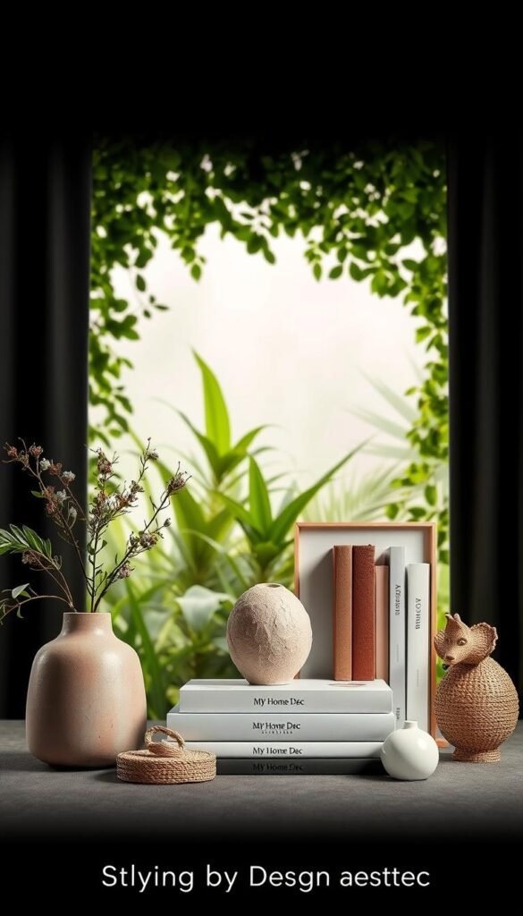 A meticulously crafted, visually captivating still life featuring a range of decorative objects in a cohesive design aesthetic. The foreground showcases a selection of trendy home decor items from the My Home Dec brand, including a modern vase, a minimalist sculpture, and a set of decorative books. The middle ground features a lush, natural backdrop with verdant foliage and soft, diffused lighting, creating a serene and inviting atmosphere. The overall composition is balanced, with a harmonious color palette and a sense of visual interest and depth. The image conveys a refined, aspirational design sensibility that aligns with the "Styling by Design Aesthetic" section of the article. A meticulously crafted, visually captivating still life featuring a range of decorative objects in a cohesive design aesthetic. The foreground showcases a selection of trendy home decor items from the My Home Dec brand, including a modern vase, a minimalist sculpture, and a set of decorative books. The middle ground features a lush, natural backdrop with verdant foliage and soft, diffused lighting, creating a serene and inviting atmosphere. The overall composition is balanced, with a harmonious color palette and a sense of visual interest and depth. The image conveys a refined, aspirational design sensibility that aligns with the "Styling by Design Aesthetic" section of the article.